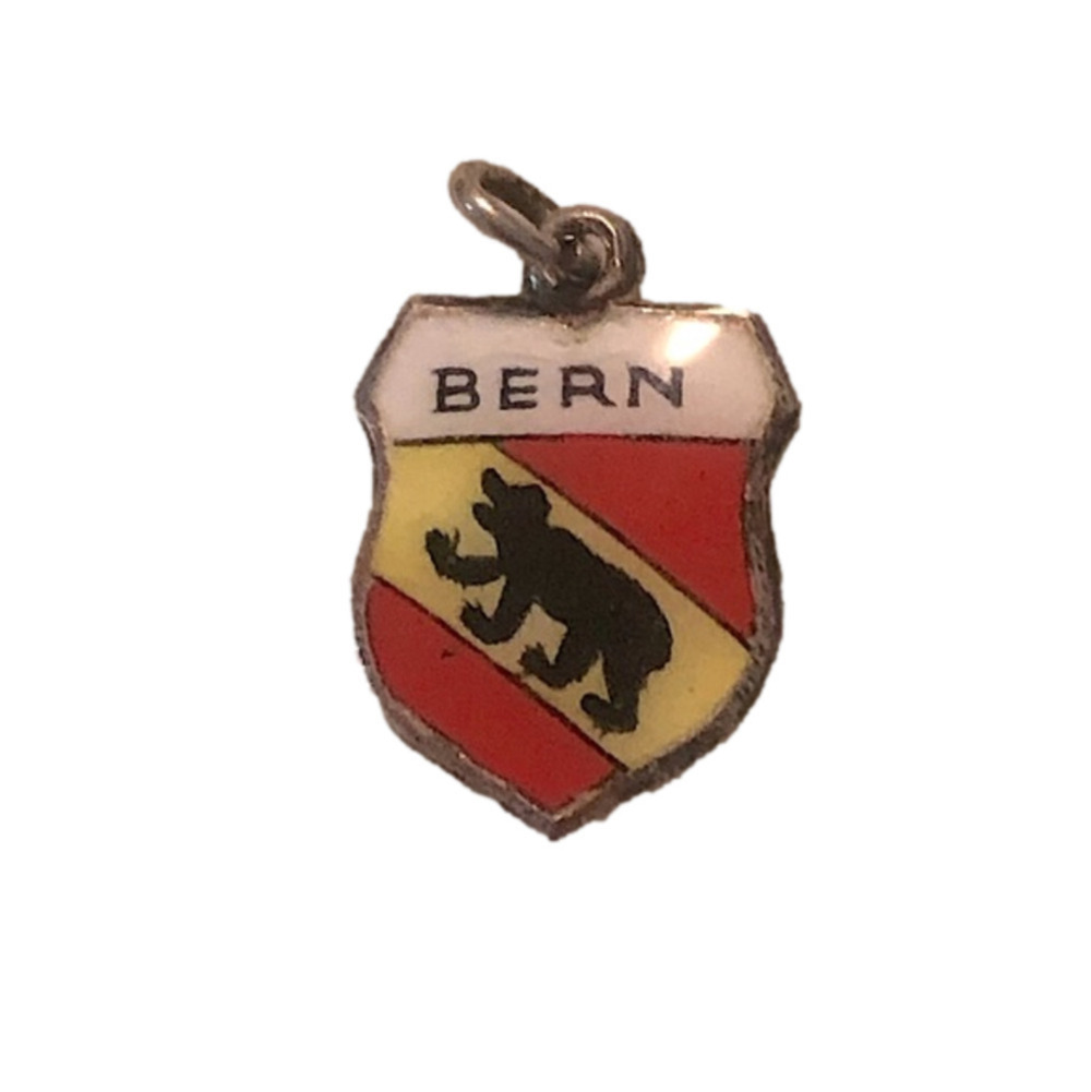 𝅺vtg 800 Silver & Enamel Bern Bear Travel Sheild Souvenir Charm Bracelet Charm